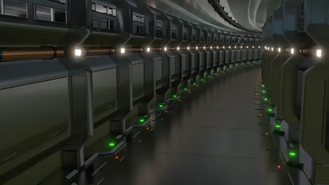 Ciemny korytarz statku kosmicznego w klimacie science fiction