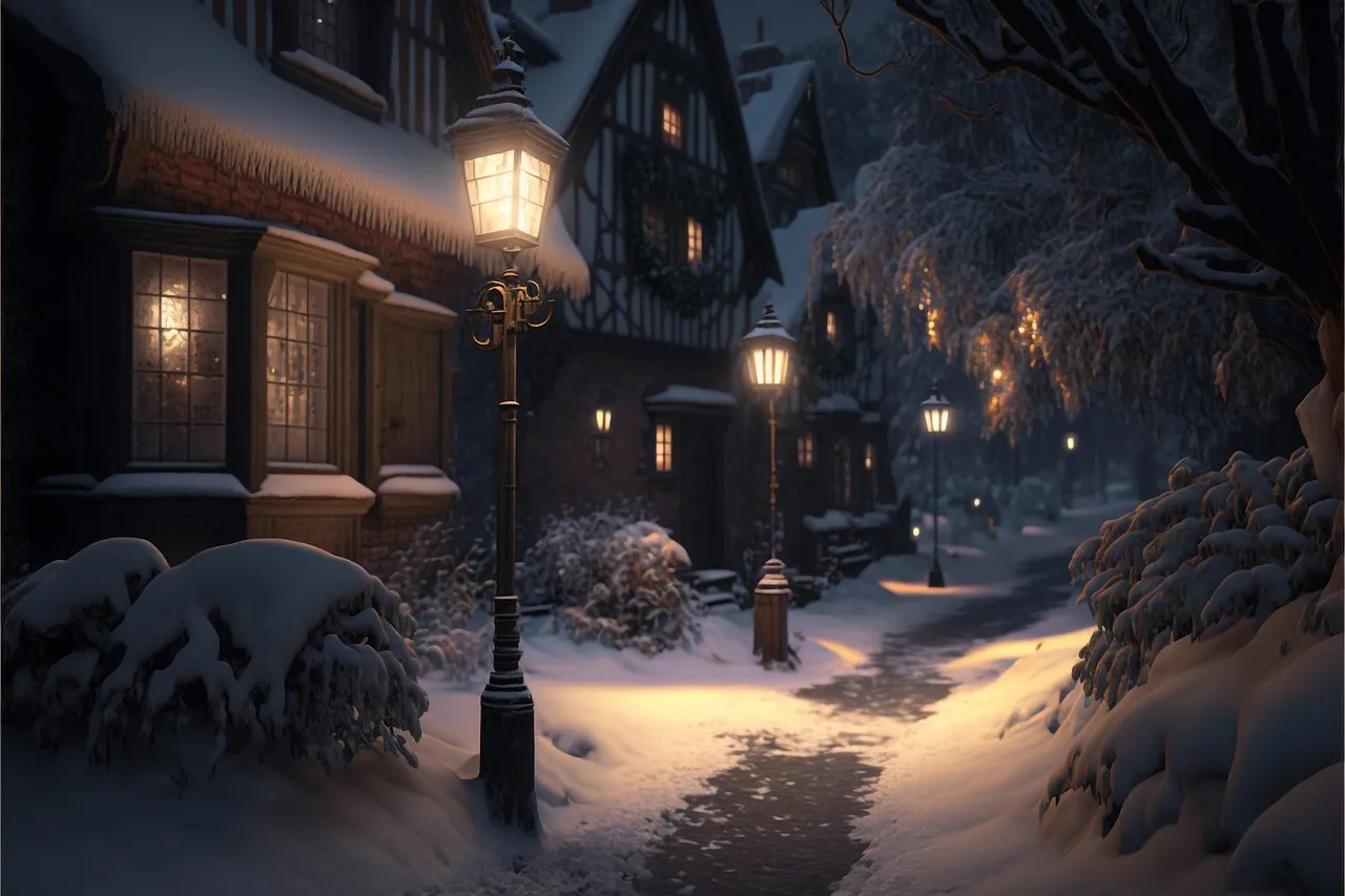 A snowy street at night in winter