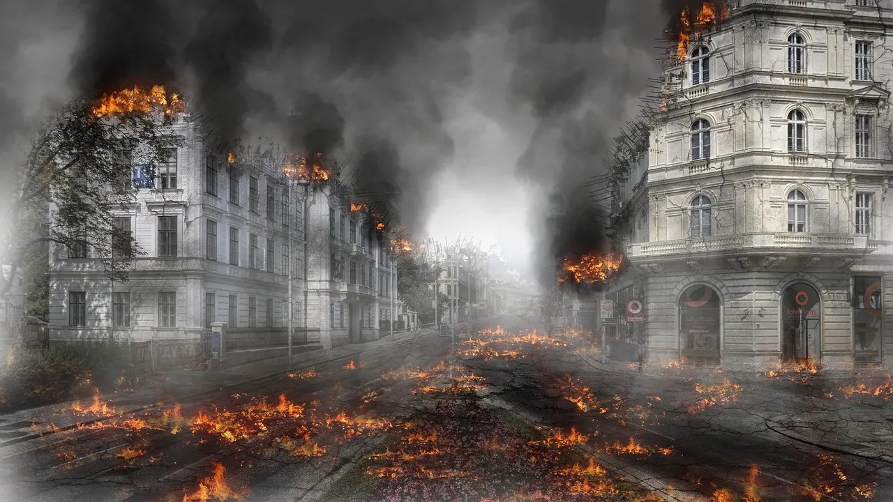 An empty street in a ruined town