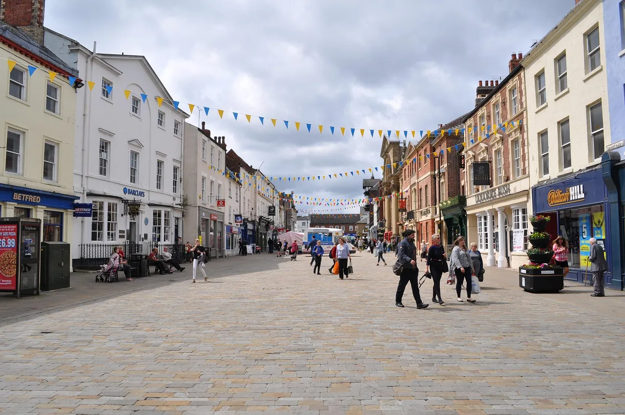 A shopping high street in a town centre