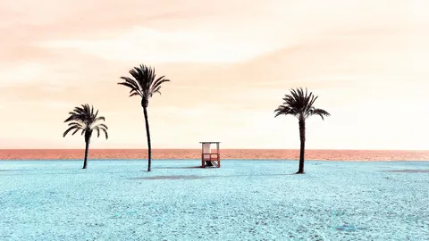 Wieża ratownika na plaży o zachodzie słońca
