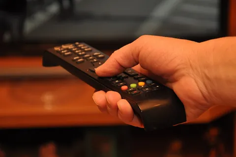 Osoba z pilotem przed telewizorem w salonie