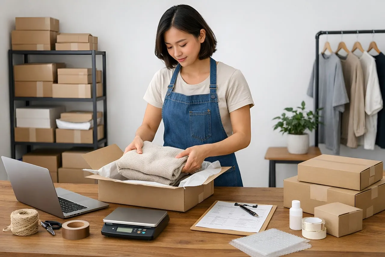 A small business owner working at a laptop