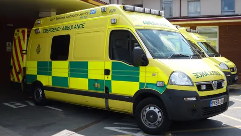 Żółto-zielony ambulans NHS z napisem Emergency Ambulance zaparkowany pod zadaszeniem przy wejściu do szpitala