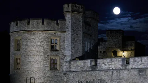 Okrągła baszta Tower of London i mury oświetlone nocą, na ciemnym niebie pełnia księżyca
