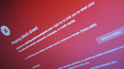 Czerwony ekran przeglądarki z ostrzeżeniem Phishing attack ahead przed stroną, która może wyłudzić hasła i dane kart